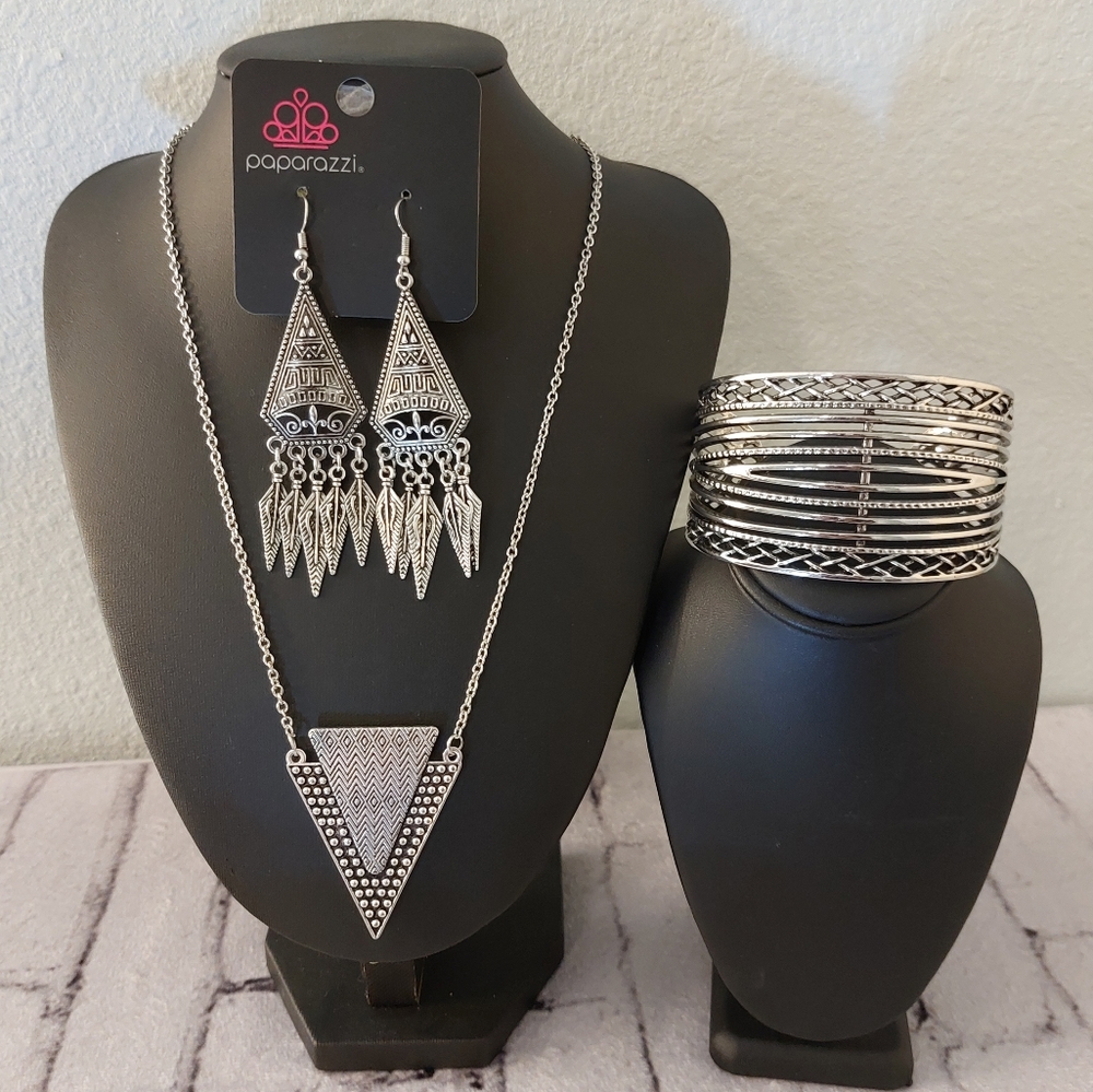 Silver Textured Triangles Necklace ONLY